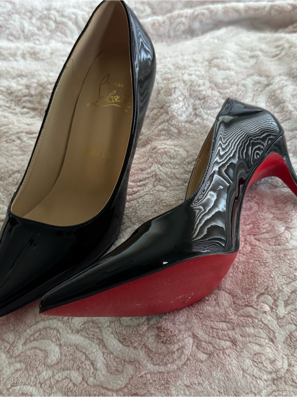 Christian Louboutin Black Patent Leather Pointed-Toe Pumps with Red Sole